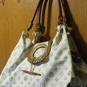 Designer Style Monogram Cream & Brown Shoulder Bag Gold Hardware Charm Purse
